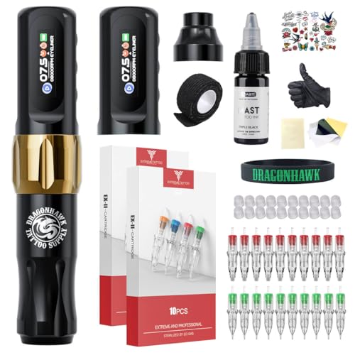 Dragonhawk Atom2 Tattoo Pen Machine Kit - Cordless & Corded Permanent Makeup Machine for Eyebrow Eyeliner Lip Liner - 2 Batteries, Lightweight 3.88oz, Professional & Beginner Friendly