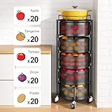 Fruit and Vegetable Basket Bowls for Kitchen with Metal Top Lid, SNTD 5 Tier Rotating Storage Rack Cart for Potato Onion Bread Banana, Wire Basket Organizer on Wheels, Large, Black