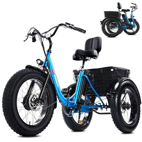 Geemax Electric Tricycle for Adults, 20" x 4.0 Fat Tire Electric Trike, Peak 500W 20MPH 36V 13Ah Lithium Battery UL Certified, Premium 80% Assembled Foldable 3 Wheel Electric Bicycle, Blue