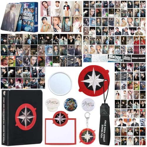 X9H8N9 Kpop Skz Merch Stray Fans Gifts Set,Including Photocards, Stickers,Photocards Binder, Coaster,Lanyard,Sticky Notes,Keychain, Pins,Mirror