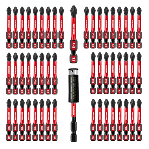 Geinxurn 51Pack PH2 2 Inches Impact Tough Anti-Slip Screwdriver Bits, #2 Phillips 1/4 Inch Hex Shank Magnetic Tips Cross Screwdriver Bits Set with 1Pcs Impact Bit Holder,Bulk