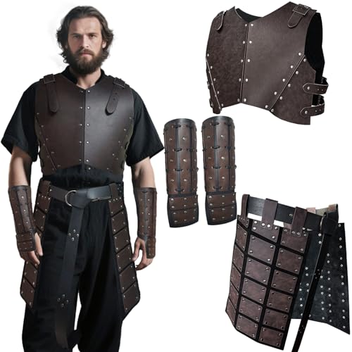 Medieval Knight Armor Set for Men - Chest Armor Viking Bracers,LARP, Samurai Roman Cosplay Adjustable Combat Gear (Dark Brown)