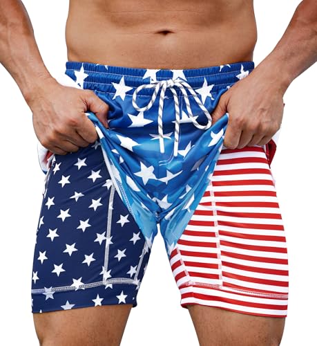 Mens USA Flag Swimming Short Quick Dry Memorial Day Beach Shorts 5" Freedom Bathing Suit Patriotic Swimsuit XL