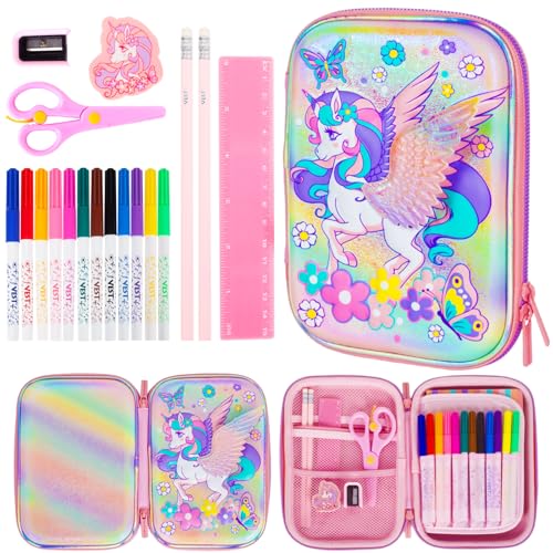 YOYTOO Unicorn Pencil Case Stationery Set for Girls, 3D EVA Big Capacity Cute Pencil Pen Case Bag with Zipper Office College School Storage Bag Pouch Holder Box Organizer