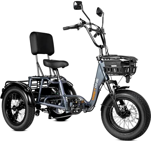 Meetone Breeze Folding Electric Tricycle for Adults, 1000W Electric Trike, 20MPH 100Miles 3 Wheel Electric Bike, Reverse Gear, Rear Differential, 450lbs Load,F&R Baskets,4'' Wide Fat Tire,UL Certified