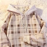 Skateboard Frog Fall Winter Clothes Women Plaid Hoodies Fake Two Pieces Fleece Turtle Neck Korean Pullover (Apricot, XL)