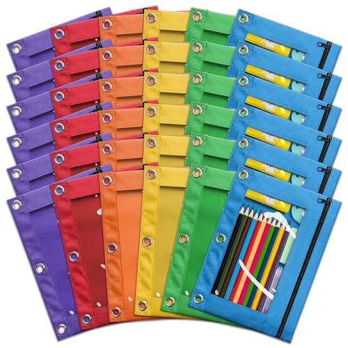 Pencil Pouch for 3 Ring Binder, Bulk 36 Pack 3-Holes Zipper Pencil Pouches in Assorted Colors, Sturdy and Durable Cloth Pencil Holder with Clear Window for Office School College Supplies (36)