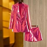 platlogy Womens Sequins Short Suits Sequin Glitter Bling Bling Jacket Shorts Fashion Two Piece Set Outfits Rose Pink