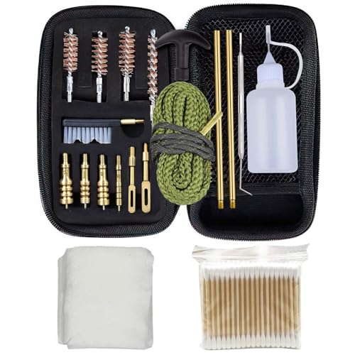 Gun Cleaning Kit 19 in 1 with Special 9mm Handgun Snake .22 .38 9mm .40 .45 Caliber Pistol Bronze Bore Brush and Brass Jag Adapter,100Pcs 3" Cotton Swabs Empty Bottle by DINGDOON