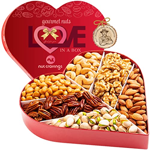 NUT CRAVINGS - Mixed Nuts Heart Shaped Gift Basket, Love in A Box (6 Assortments) Romantic Food Arrangement, Healthy Snack Care Package, Kosher