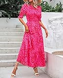 BTFBM Women Casual Summer Dresses 2024 Spring Crew Neck Ruffle Short Sleeve Floral Print Smocked Boho Flowy Maxi Dress(Print Rose Red, Large)