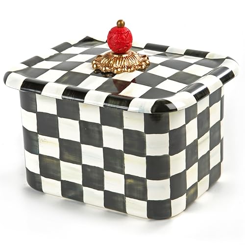 MACKENZIE-CHILDS Enamel Recipe Box, Cute Recipe-Card Box with Lid, Index-Card Holder for Kitchen, Black-and-White Courtly Check