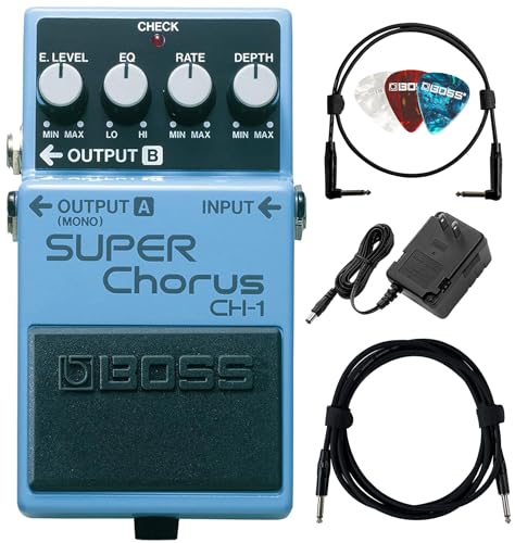 Boss CH-1 Super Chorus Bundle with Power Adapter, 10ft Instrument Cable, 6in Patch Cable, and Picks
