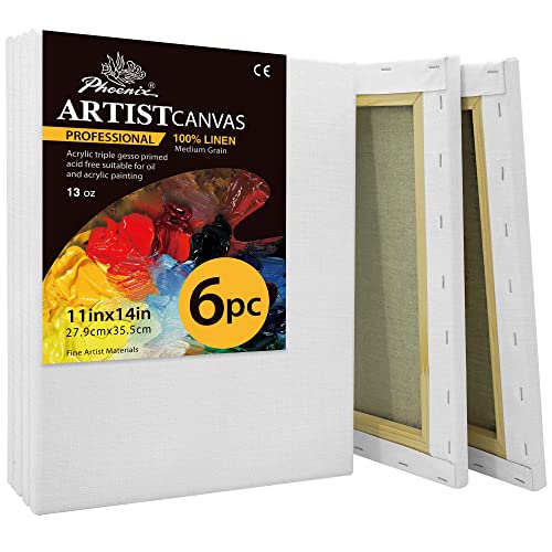 PHOENIX Belgian Linen Canvas for Oil Painting - 11x14 Inch/6 Pack Medium Texture, 3/4 Inch Profile - 13 Oz Triple Primed Blank Professional Stretched Archival Canvases for Acrylic Paints