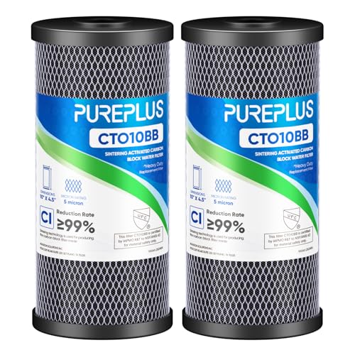 PUREPLUS 5 Micron 10" x 4.5" Whole House CTO Coconut Shell Activated Carbon Water Filter Replacement Cartridge for Dupont WFHDC8001, CB-BB-10, GE FXHTC, GXWH40L, GXWH35F, GNWH38S, CTO10BB, 2PACK