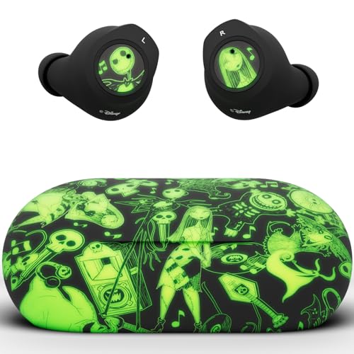 Disney Nightmare Before Christmas Glow in The Dark TWS Earbuds Wireless Bluetooth 5.0 Compatible in-Ear Headset with Built-in Mic & Portable Recharging Case - IPX8 Waterproof, Jack and Sally