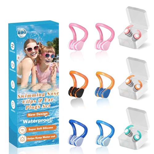Swimming Nose Clip Ear Plugs - 9 Packs Silicone Swim Nose Plugs with Earplugs for Kids,Waterproof Pool Nose Plugs for Diving Surfing and Other Water Sports with Storage Box,Multi-Color