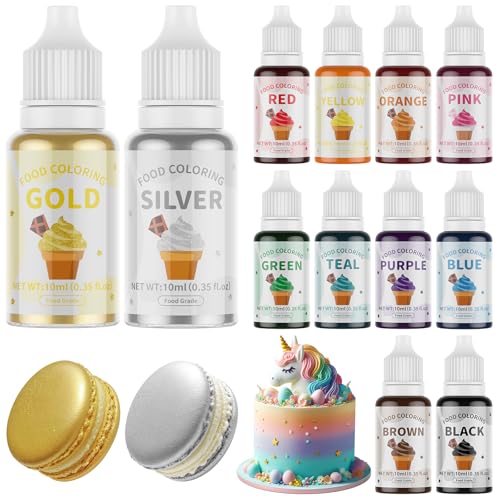 12 Food Coloring Set,10 Colors Vibrant Food Dye & 2 Edible Metallic Gold Paint Food Grade Tasteless Liquid Baking Food Coloring for Cake Fondant Icing Making DIY Supplies Kit - 0.35 Fl. oz/Bottles