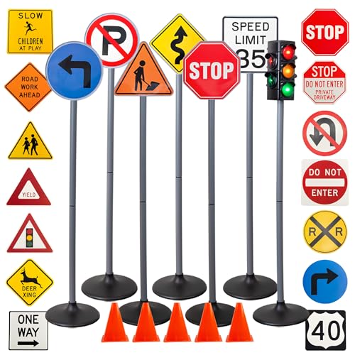 Attatoy Large Traffic Signs Playset (32pc Set), 42in Tall Street Sign and Traffic Light Set for Play with Ride-On Cars and Vehicles