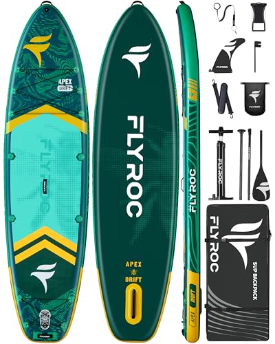 FLYROC 11'6x35'' Extra Wide Inflatable Paddle Board, 450lb Capacity Stand Up Paddle Board for Adults (x3), Stable Inflatable SUP, All Skill Levels, 3 Handles, 100L Backpack, 3PCS Paddle, 5L Dry Bag