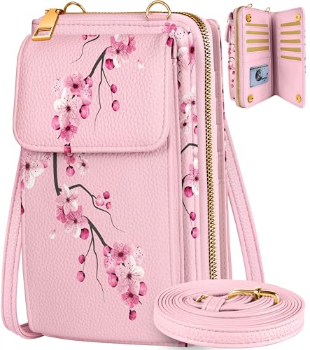 Miss Adola Cute Crossbody Purse Cell Phone Bags for Women - Leather Cellphone Wallet Purse with Adjustable Shoulder Rope and Wallet Card Slots, Peach Blossom