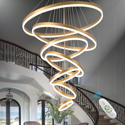 EMBRING 39.37" Larger Chandelier for High Ceilings Foyer Entryway Staircase,7 Ring Chandelier Dimmable Gold Modern Chandelier with Remote Color Changing