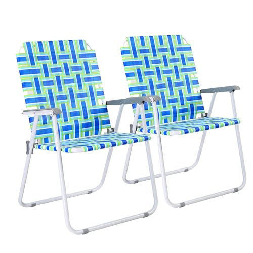 VINGLI Oversize Patio Lawn Webbed Folding Chairs Set of 2, Outdoor Beach Chair Portable Dining Chair for Outdoor Yard, Garden (Blue, Oversized)