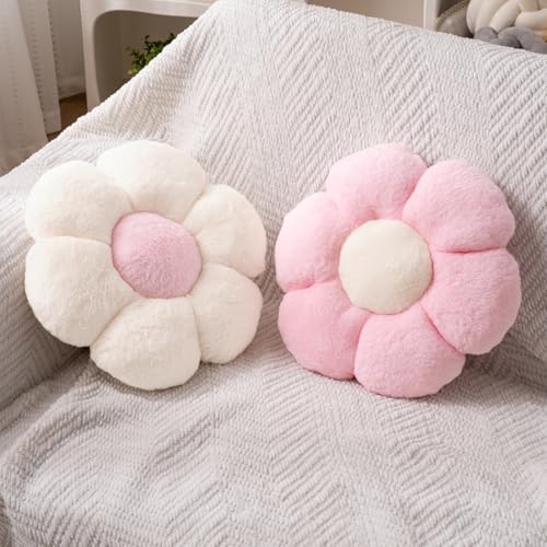 JZNEXD 2 Pcs Flower Pillow Cute Pink Throw Pillows Daisy Flower Shaped Floor Cushions Set, Preppy Decorative Throw Pillows for Girls Bed Bedroom Couch Decor (White & Pink, 15 INCH)