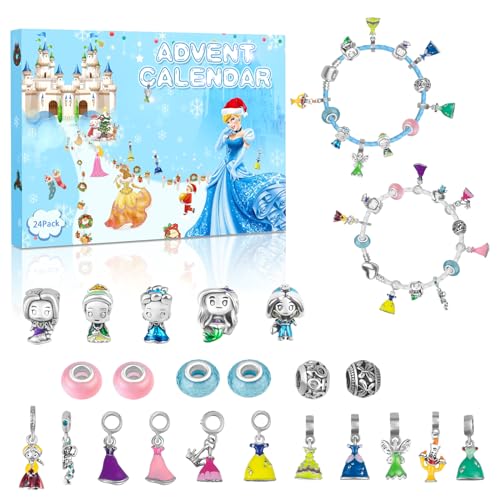 Princess Advent Calendar 2025 Teen Girls, 24 Days of Christmas Countdown Calendar with 2 DIY Bracelets and 22 Charms, 6-18 Year Old Girl Christmas Gift Ideas