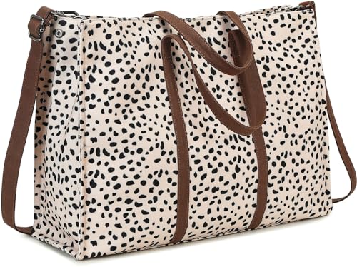Laptop Tote Bag for Women Work Shoulder Bags 15.6 inch Canvas Laptop Computer Purse Messenger Teacher Handbag Business Office Briefcase (Leopard - Apricot)