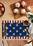 4th of July Placemats for Dining Table Set of 6, Country Stars 13"x19" Cotton Linen Heat Resistant Table Mats Decorative Non-Slip Red Blue Place Mats for Family Dinners, Wedding Party