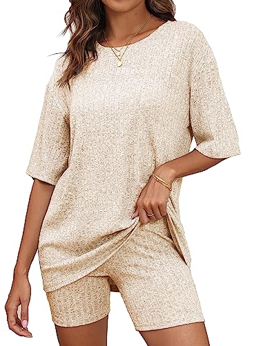 BEKOFO Longe Sets for Women Knit Pajama Sets Knit Oversized Tshirt Bike Shorts Matching Outfits Short Sleeve Sets with Texture Camel Small