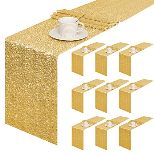 Sugargirl 10 Packs 12 x 72 inches Sequin Table Runner, Glitter Gold Table Runner for Birthday Party Supplies Wedding Holiday Celebration Event Decorations