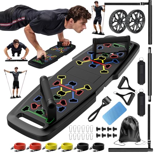 Push Up Board,Home Gym,Portable Exercise Equipment,Pilates Bar and 20 Fitness Accessories with Resistance Bands and Ab Roller Wheel,Full Body Workout at Home