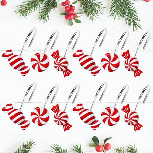 Whaline 12Pcs Christmas Shower Curtain Hooks 3 Styles Christmas Candy Curtain Hangers Hooks Red White Xmas Decorative Curtain Rings for Bathroom Holiday Ornament Supplies