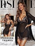 RSLOVE Women Sexy Lingerie Set 3 Piece Babydoll & Lace Kimono Robe Strap Chemise Sleepwear Mesh Nightgown Black M