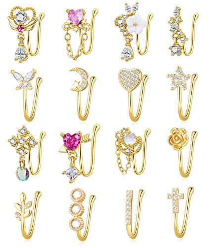 PLOMFOV 16Pcs Fake Nose Ring for Women African Nose Cuffs Faux Clip on Dangling Nose Ring Cuffs for Non Pierced Nose Gold Tone