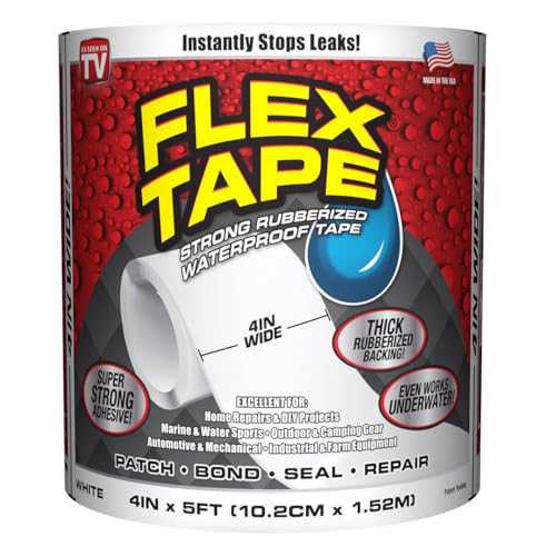 Flex Tape, 4 in x 5 ft, 2-Pack, White, Original Thick Flexible Rubberized Waterproof Tape - Seal and Patch Leaks, Works Underwater, Indoor Outdoor Projects - Home RV Roof Plumbing and Pool Repairs