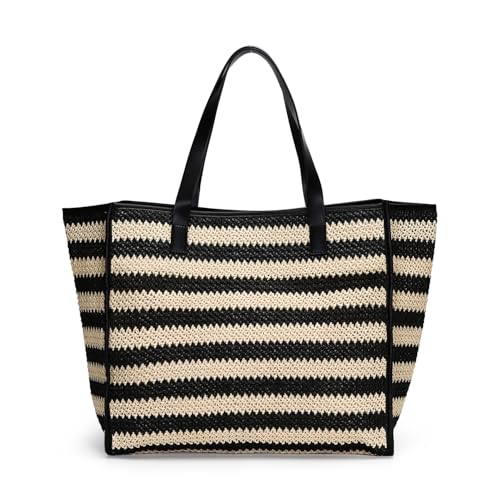 Herald Large Handmade Straw Tote Handbag for Women, Summer Beach Weaving Chic Woven Shoulder Purse Bags with Water Bottle Pocket (New Black Striped)