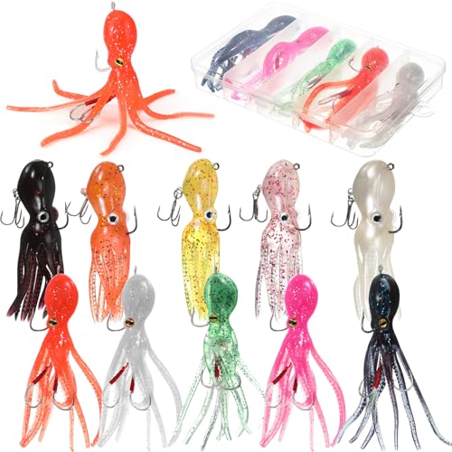 Civaner 10 Pcs Octopus Fishing Lure Soft Octopus Swimbaits with Hook Skirt Tail Plastic Squid Lingcod Rockfish Artificial Sinking Jigs Bait for Saltwater Ocean Fishing
