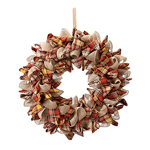 Glitzhome 18.5" D Fall Fabric Plaid Wreath, Artificial Wreaths Rustic Hanging Ornaments for Fall Front Door Wall Decor