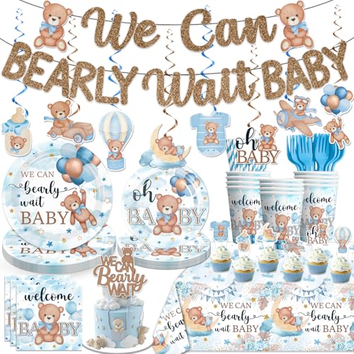 186 Pcs Blue Baby Shower Decorations Boy Tableware Set Serves 25 Guests, We Can Bearly Wait Baby Shower Decorations Includes Banner, Plates and Tablecloth, Cake Topper, Suitable for Bear Decorations