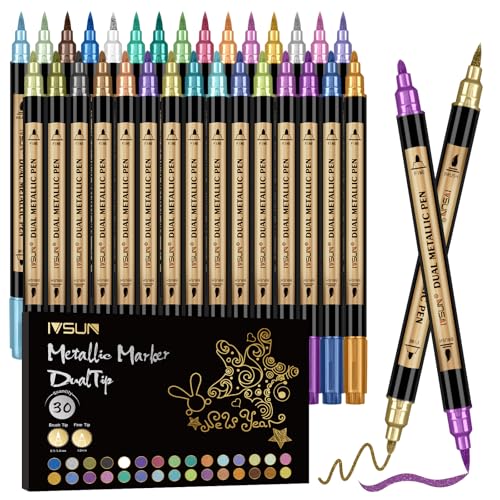 Metallic Marker Pens, 30 Colors Dual Tip Acrylic Paint Pens for Black Paper, Scrapbooking, Photo Album, Rock Painting, Paint Marker for DIY Arts & Crafts, Glass, Wood, Card Making, Scrapbook Supplies