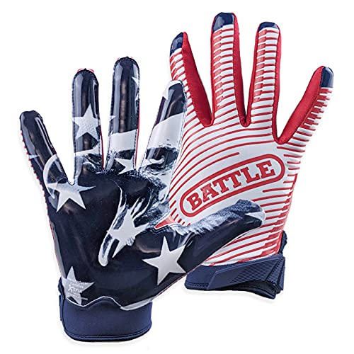 Battle Sports USA Wide Receiver Football Gloves, Ultra Stick Adult & Youth Gloves - Youth X-Large, Red/White/Blue