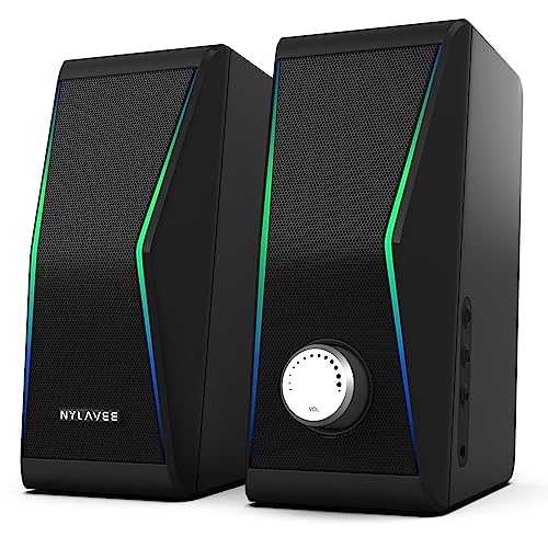 Computer Speakers, Bluetooth 5.0 Hi-Fi Stereo PC Speakers, 4 Dynamic Lighting Modes, AC Adapter Powered and 3.5mm AUX-in Computer Speakers for Desktop PC, Monitor, Laptop, Tablet, Phone