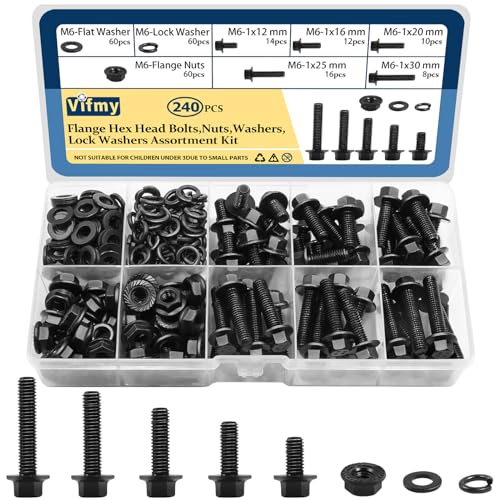 Vifmy M6-1.0 Bolt x (Length 12/16/20/25/30mm) Flange Head Bolts Assortment Kit (240 Pack) with 6mm Bolt, Serrated Flange Nuts, Washers, Alloy Steel Black Oxide Finish Plated, Full Thread