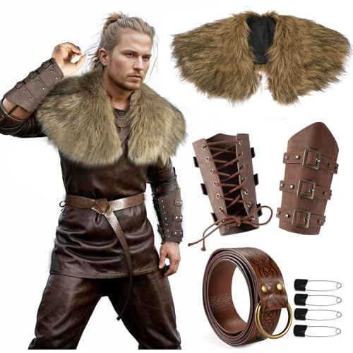 YAIZLBCA Viking Cloak Costume Men with Medieval Renaissance Belt and Bracers Wrap King Warrior Cape Shawl Halloween LARP Cosplay Costume