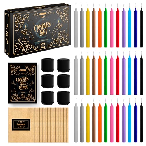 Wyspell - 36 Colored Taper Candles for Witchcraft | 5" Height & 1/2" Diameter | Candle Sticks for Witch Decor | 6 Spell Holders | Shabbat | Chime | Wiccan
