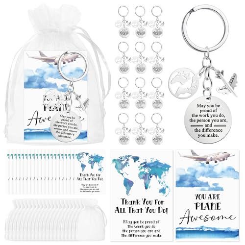 Tondiamo 18 Set Flight Attendant Gifts Bulk Airplane Keychain with Thank You Cards Organza Bags for Travel Adventure Party Favor Holiday Gift