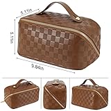 ALEXTINA Large Capacity Travel Cosmetic Bag - Portable Women Waterproof PU Leather Checkered Makeup Organizer with Dividers and Handle,Toiletry Bag for Cosmetics, Brown